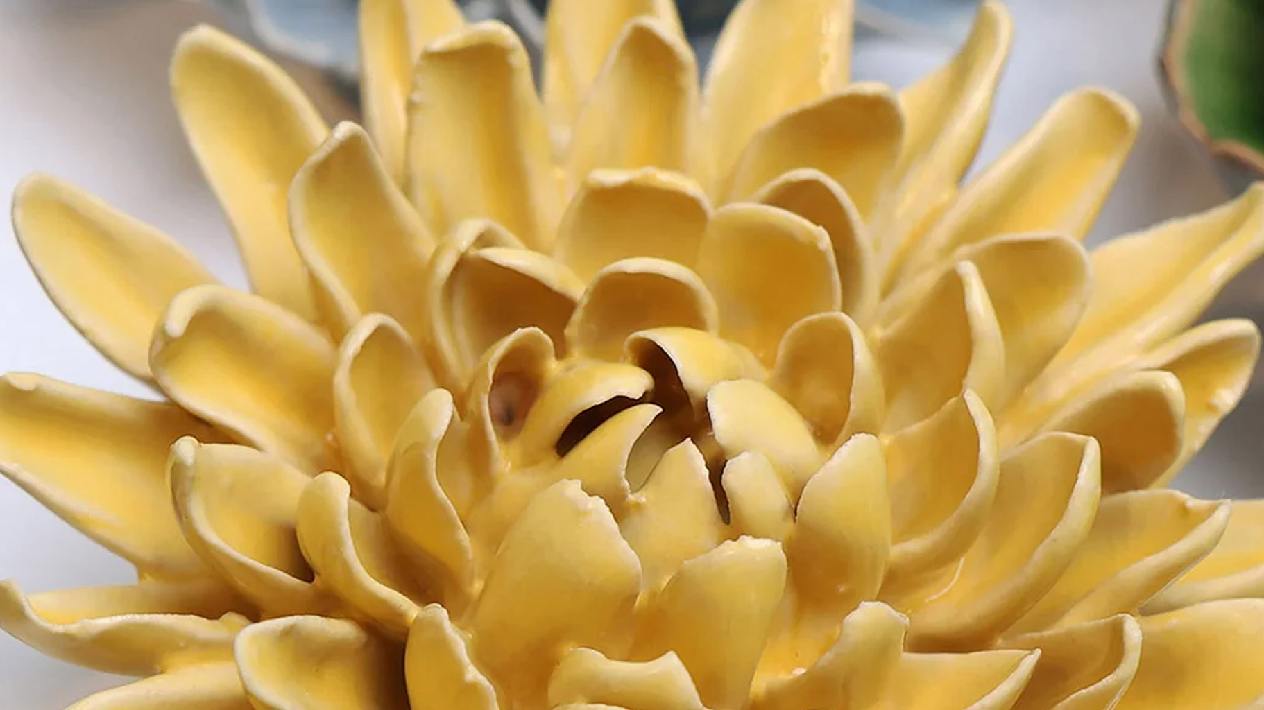 Buttercup yellow ceramic chrysanthemum wall flower — November birth flower — handmade by Chive Studio Toronto