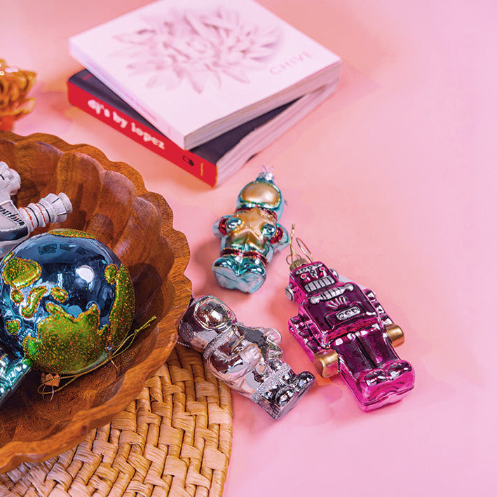 Rocket and alien glass ornaments grouped together, gifts for engineers — by Chive Studio