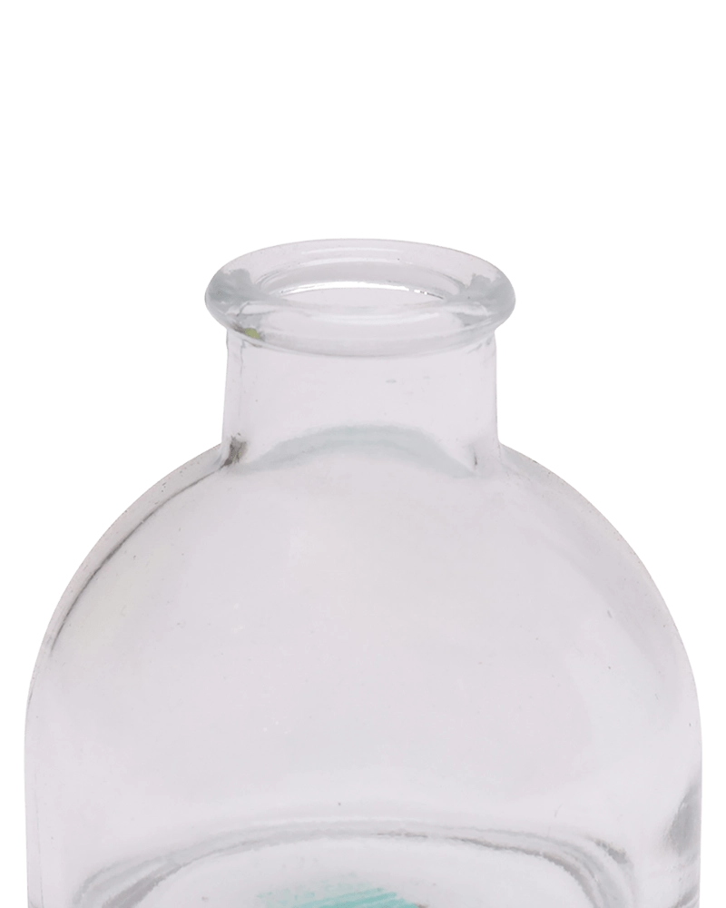 Chive Loft round glass bud vase in clear glass, close-up on the flared neck and rim.