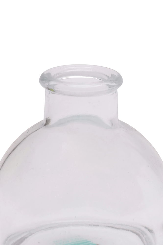 Chive Loft round glass bud vase in clear glass, close-up on the flared neck and rim.