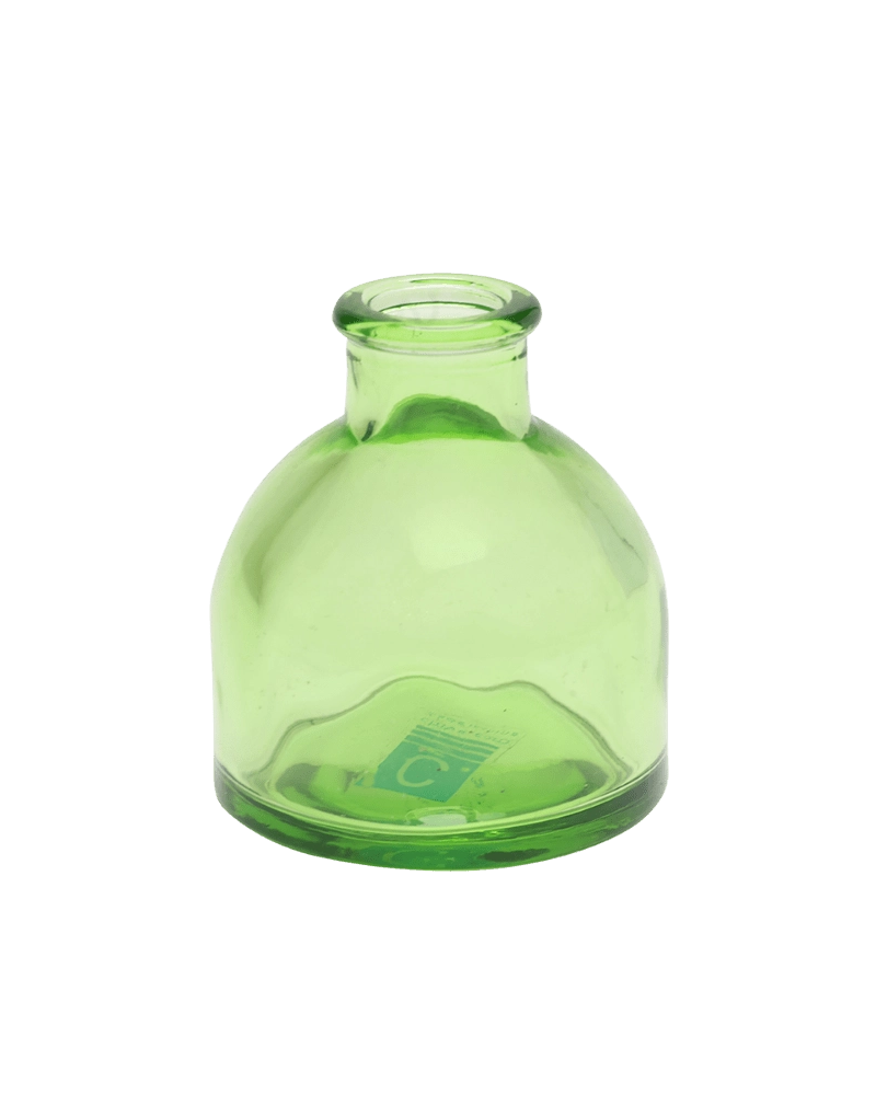 Chive Loft round glass bud vase in green, shown straight-on with a smooth glossy finish.