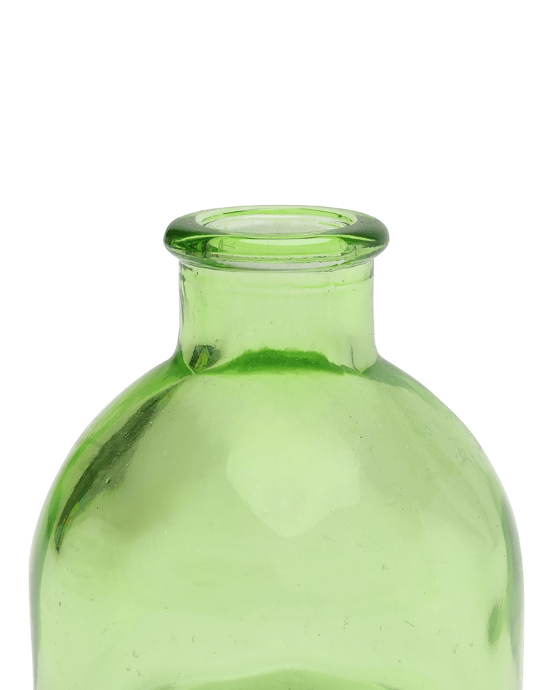 Chive Loft round glass bud vase in green, close-up on the flared neck and rim.