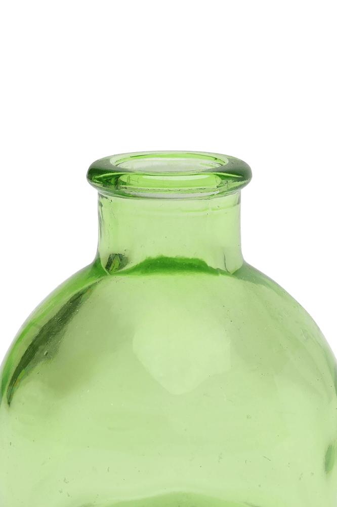 Chive Loft round glass bud vase in green, close-up on the flared neck and rim.