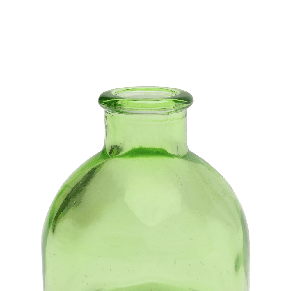 Chive Loft round glass bud vase in green, close-up on the flared neck and rim.