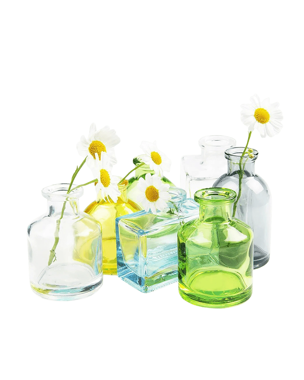 Chive Loft glass bud vase collection mixes clear, yellow, blue, and green jars with white daisies.