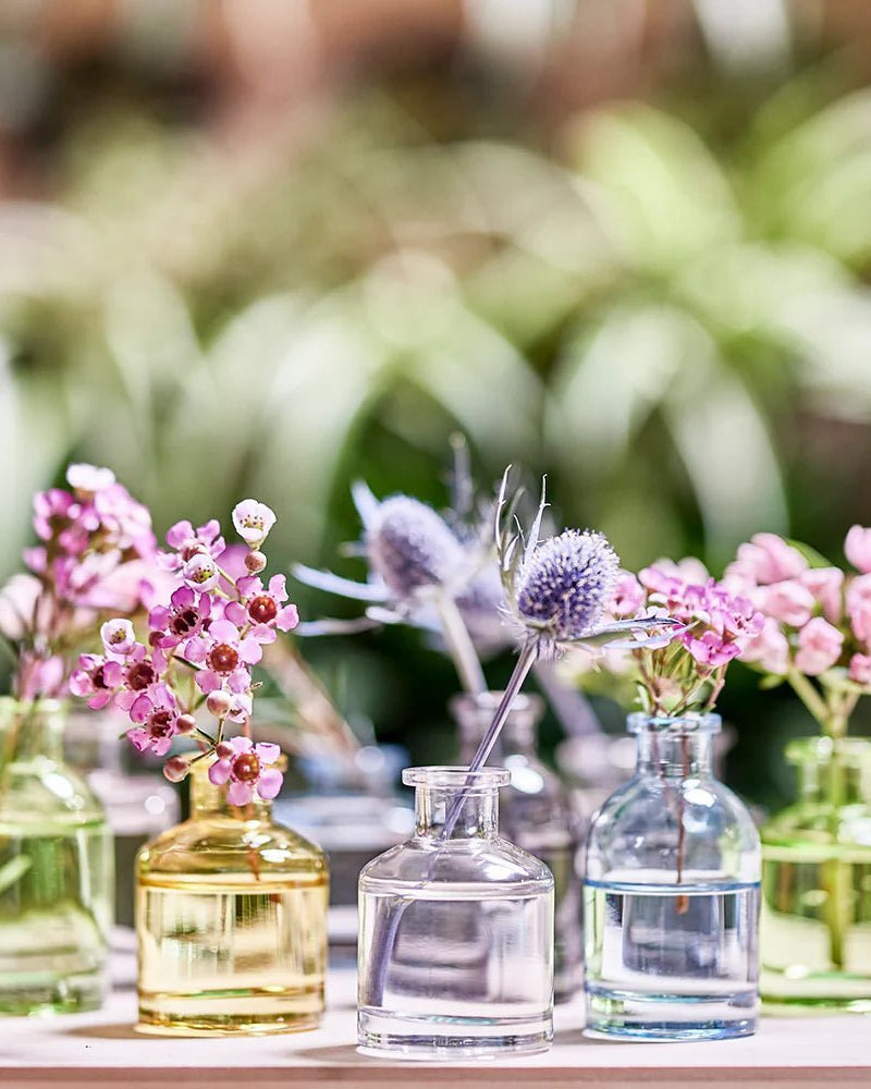 Chive Loft glass bud vases display outdoors with pink blooms and thistle among sage and amber jars.
