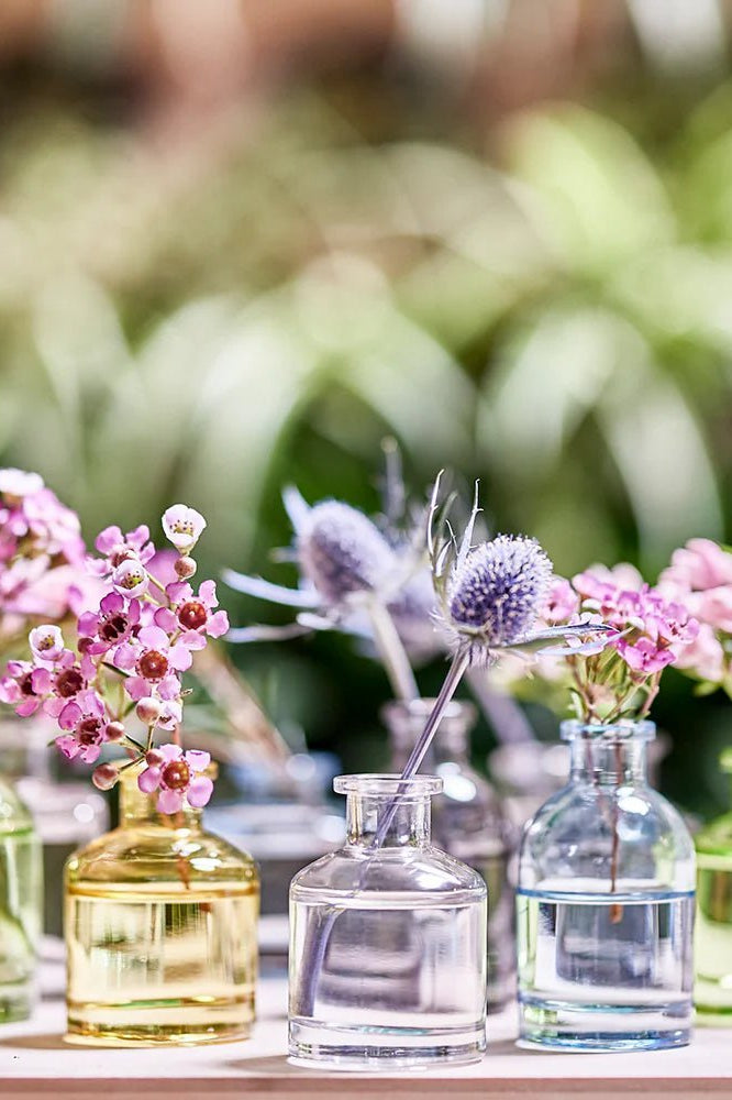 Chive Loft glass bud vases display outdoors with pink blooms and thistle among sage and amber jars.