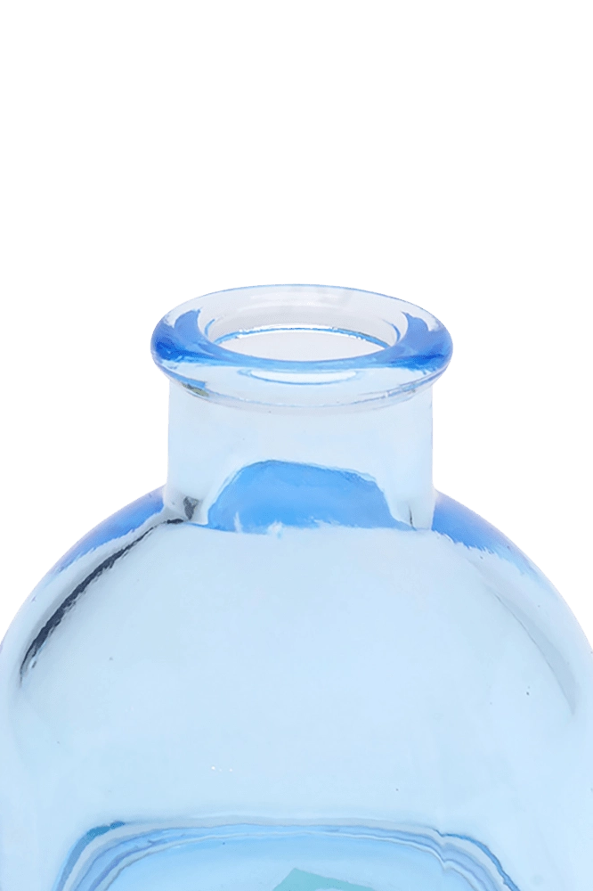 Chive Loft round glass bud vase in light blue, close-up on the flared neck and rim.