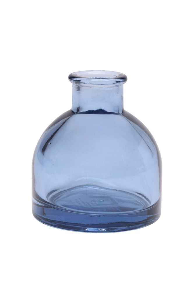 Chive Loft round glass bud vase in medium blue with a domed silhouette and short neck.