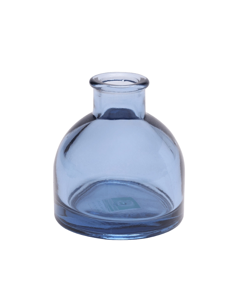 Chive Loft round glass bud vase in medium blue, shown straight-on with a smooth glossy finish.
