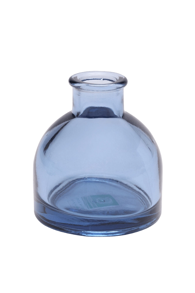 Chive Loft round glass bud vase in medium blue, shown straight-on with a smooth glossy finish.