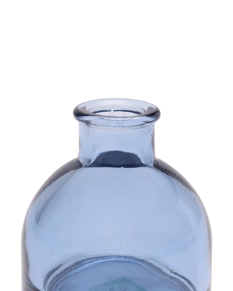 Chive Loft round glass bud vase in medium blue, close-up on the flared neck and rim.