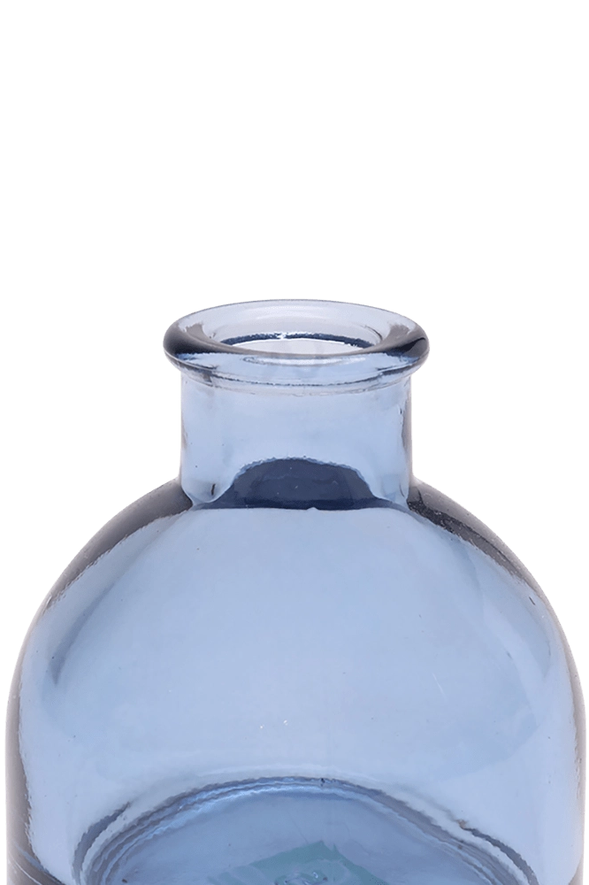 Chive Loft round glass bud vase in medium blue, close-up on the flared neck and rim.