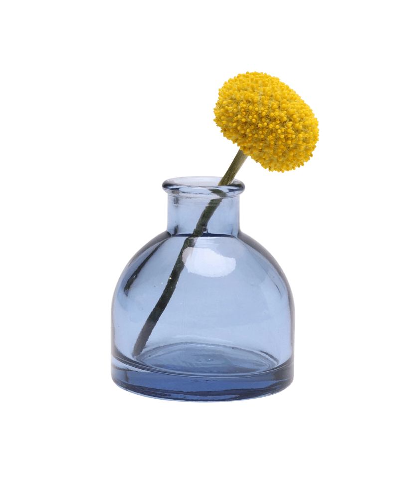 Chive Loft round glass bud vase in medium blue, shown from a side angle with a yellow billy ball bloom.