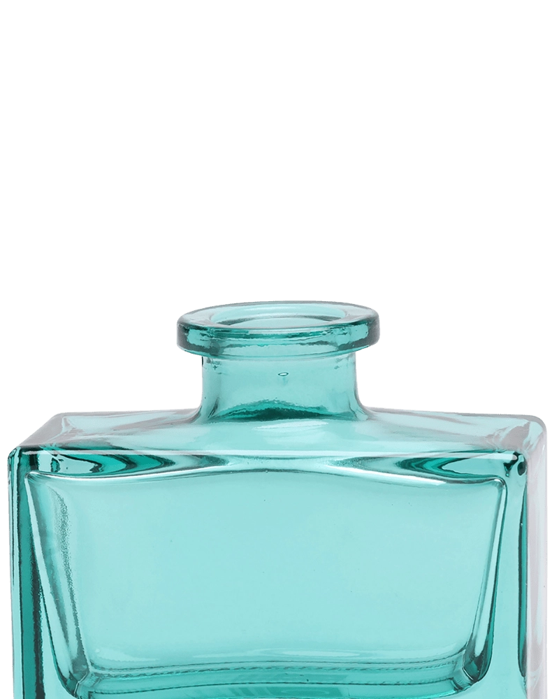 Chive Loft glass bud vase in Teal shows a close-up of the narrow neck and flared rim.