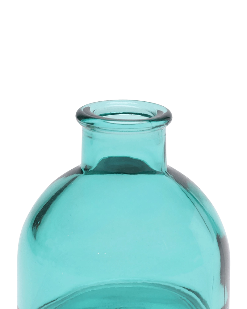 Chive Loft round glass bud vase in teal, close-up on the flared neck and rim.