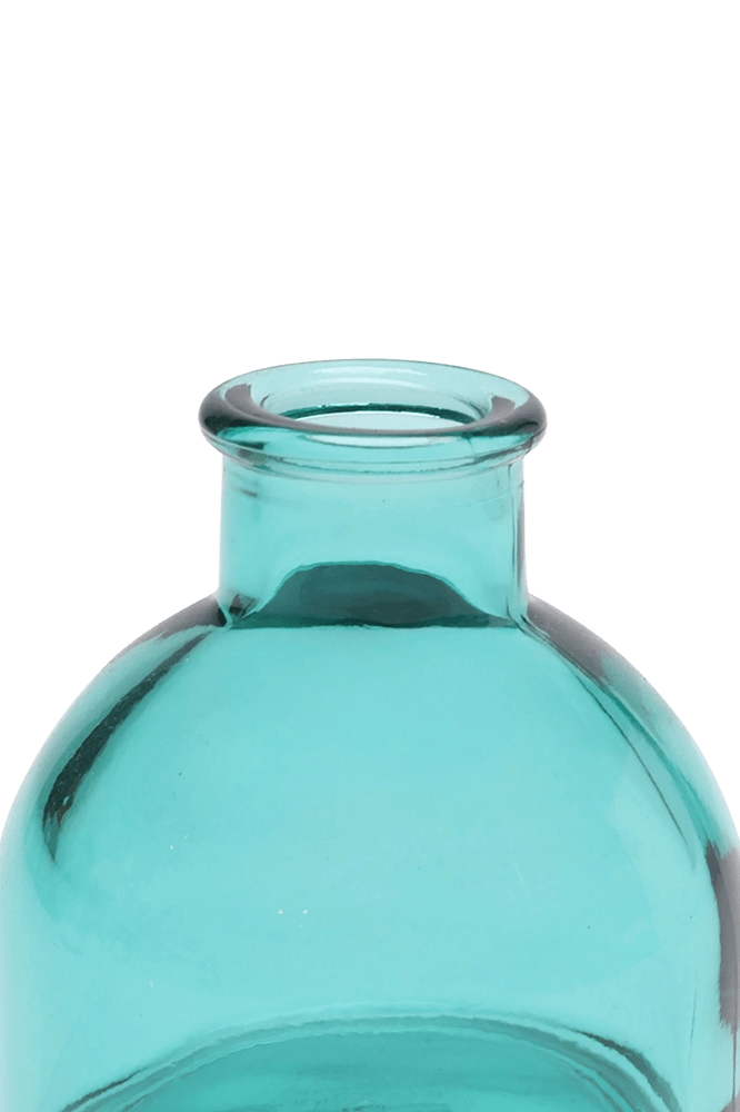 Chive Loft round glass bud vase in teal, close-up on the flared neck and rim.
