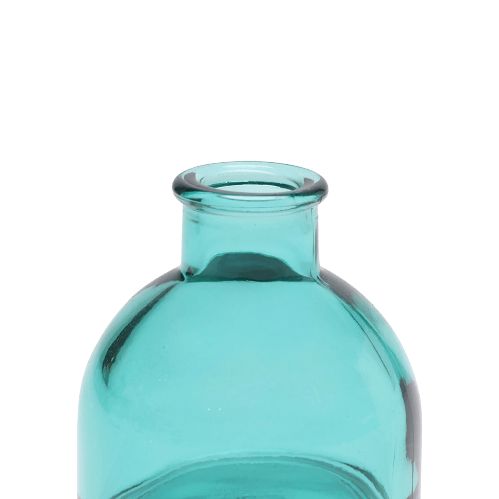 Chive Loft round glass bud vase in teal, close-up on the flared neck and rim.