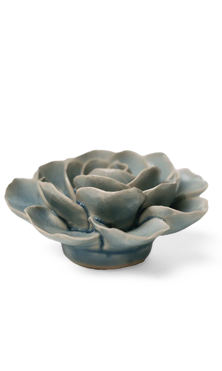 Powder Blue Amandine Ranunculus ceramic wall flower side view — English Garden collection — designed in Toronto by Chive Studio