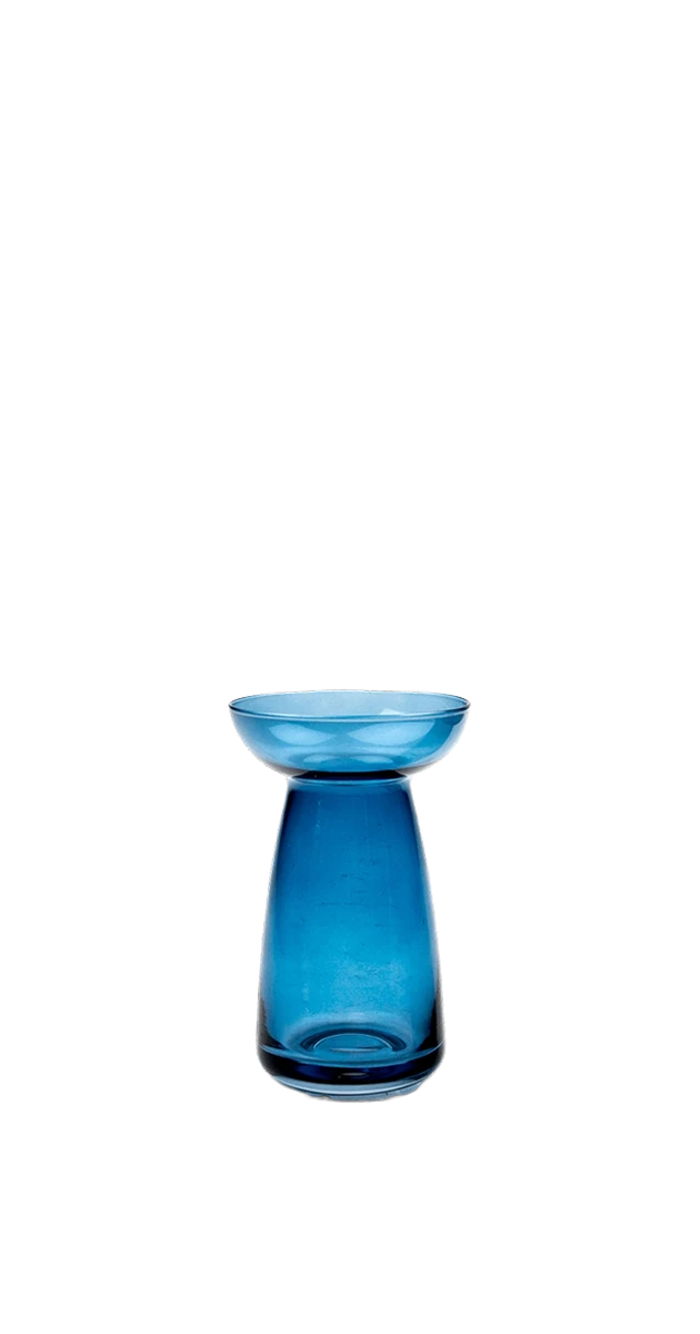 A translucent blue glass vase with a flared rim and a tapered base, centered on a plain white background. | Chive