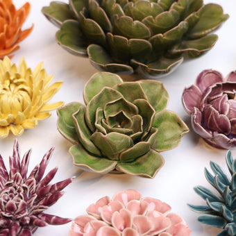 Flower Green ceramic wall flower styled on wall — Classic Collection — Chive Studio Toronto