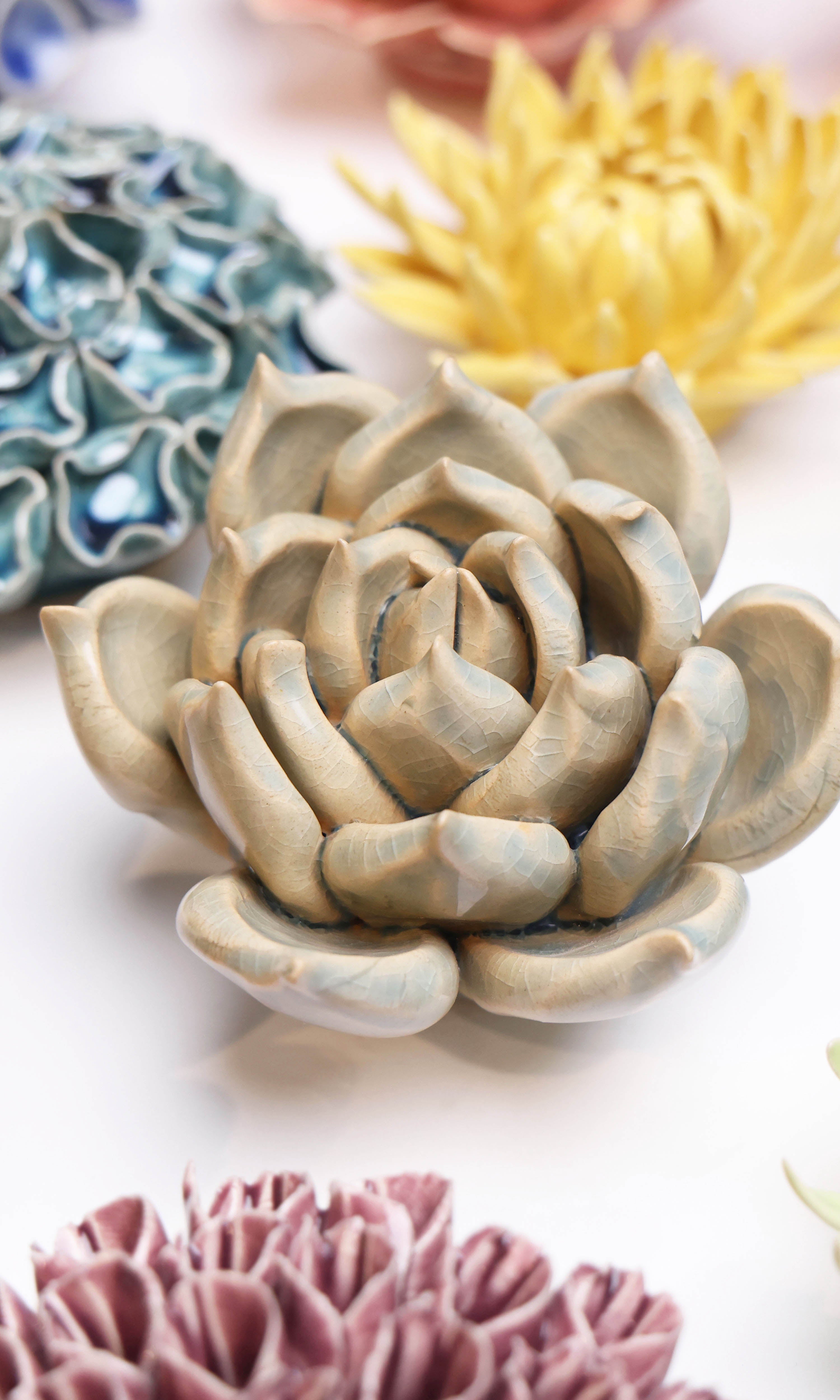 Succulent Blue ceramic wall flower styled on wall — Classic Collection — Chive Studio Toronto