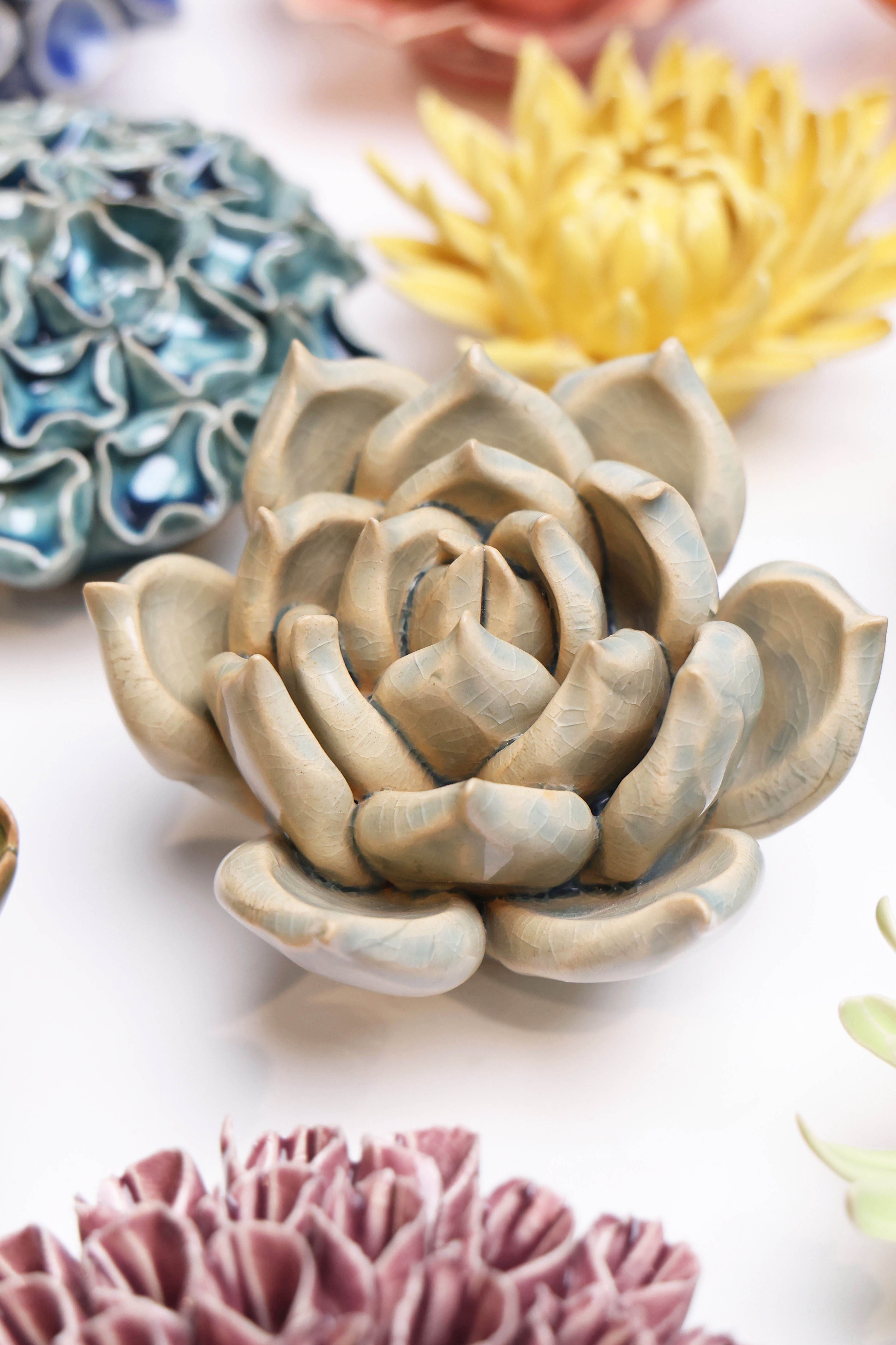 Succulent Blue ceramic wall flower styled on wall — Classic Collection — Chive Studio Toronto