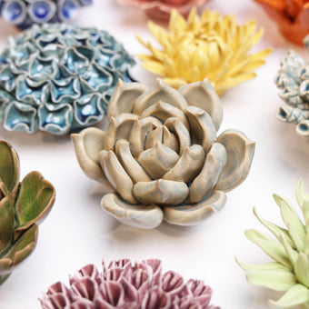 Succulent Blue ceramic wall flower styled on wall — Classic Collection — Chive Studio Toronto