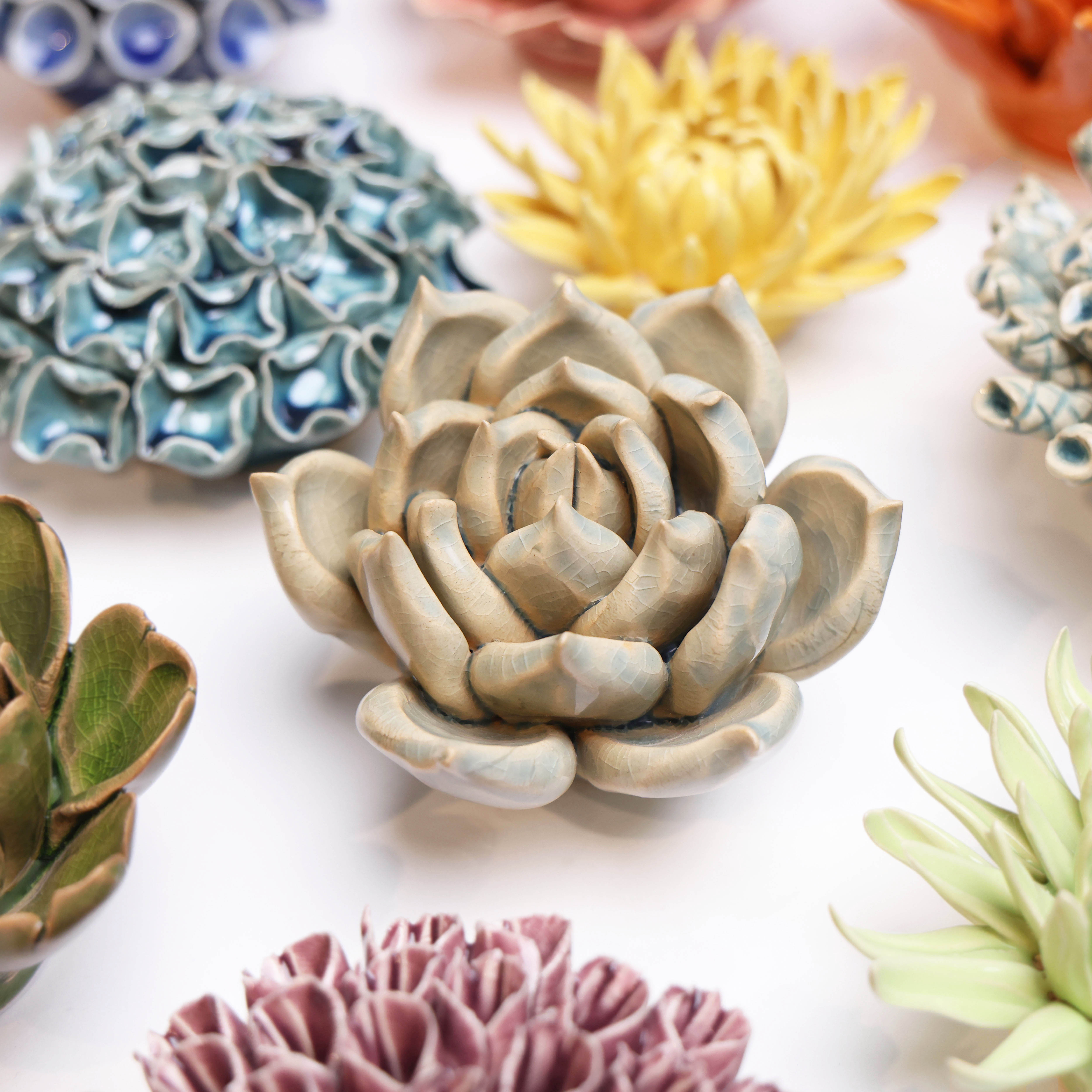 Succulent Blue ceramic wall flower styled on wall — Classic Collection — Chive Studio Toronto