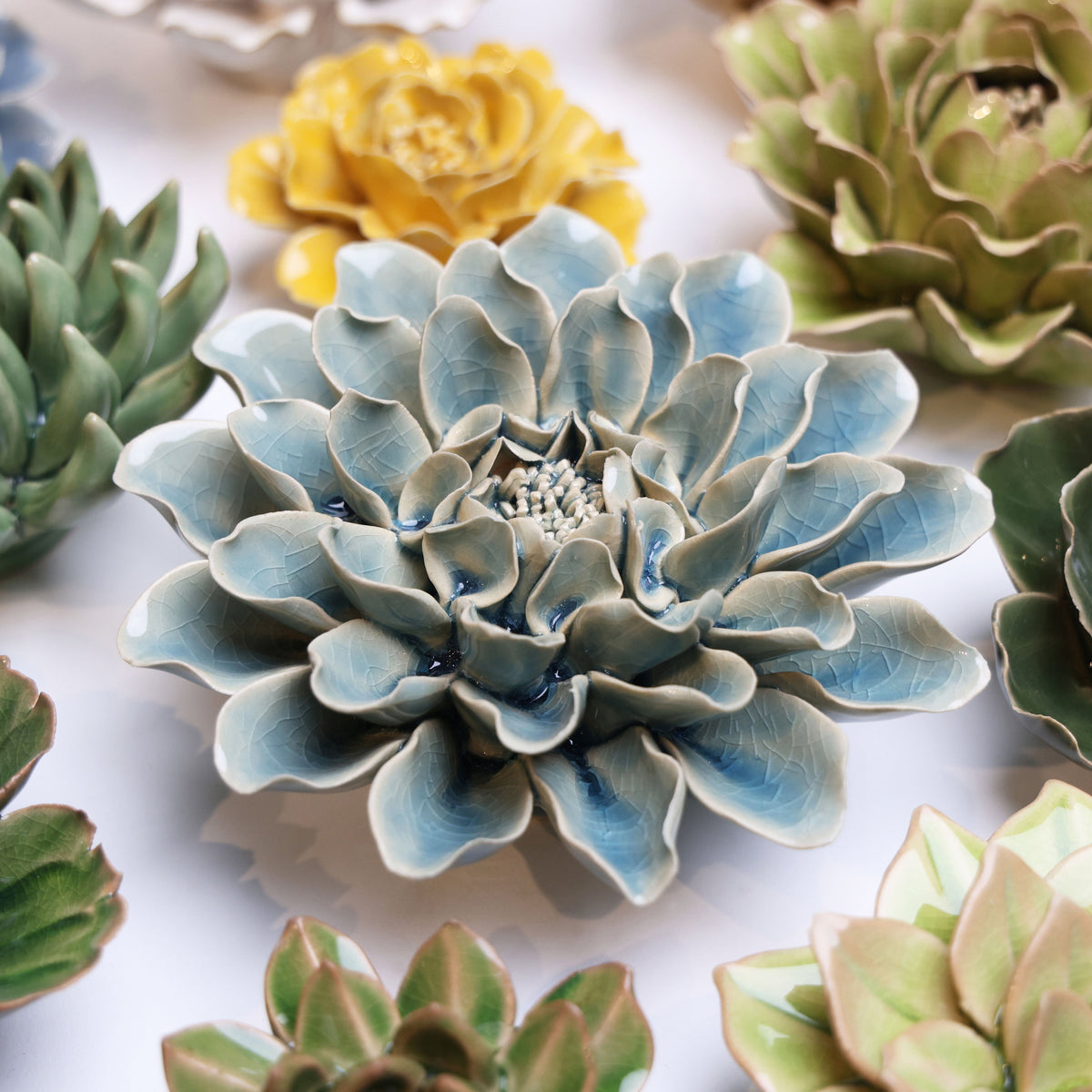 EG17 Powder Blue Aphrodite Dahlia - Chive Ceramics Studio - Ceramic Flowers - Chive Ceramics Studio