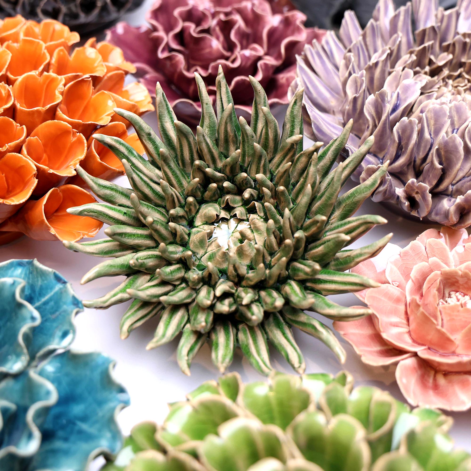 Olive Mum 5 ceramic wall flower styled on wall — Classic Collection — Chive Studio Toronto
