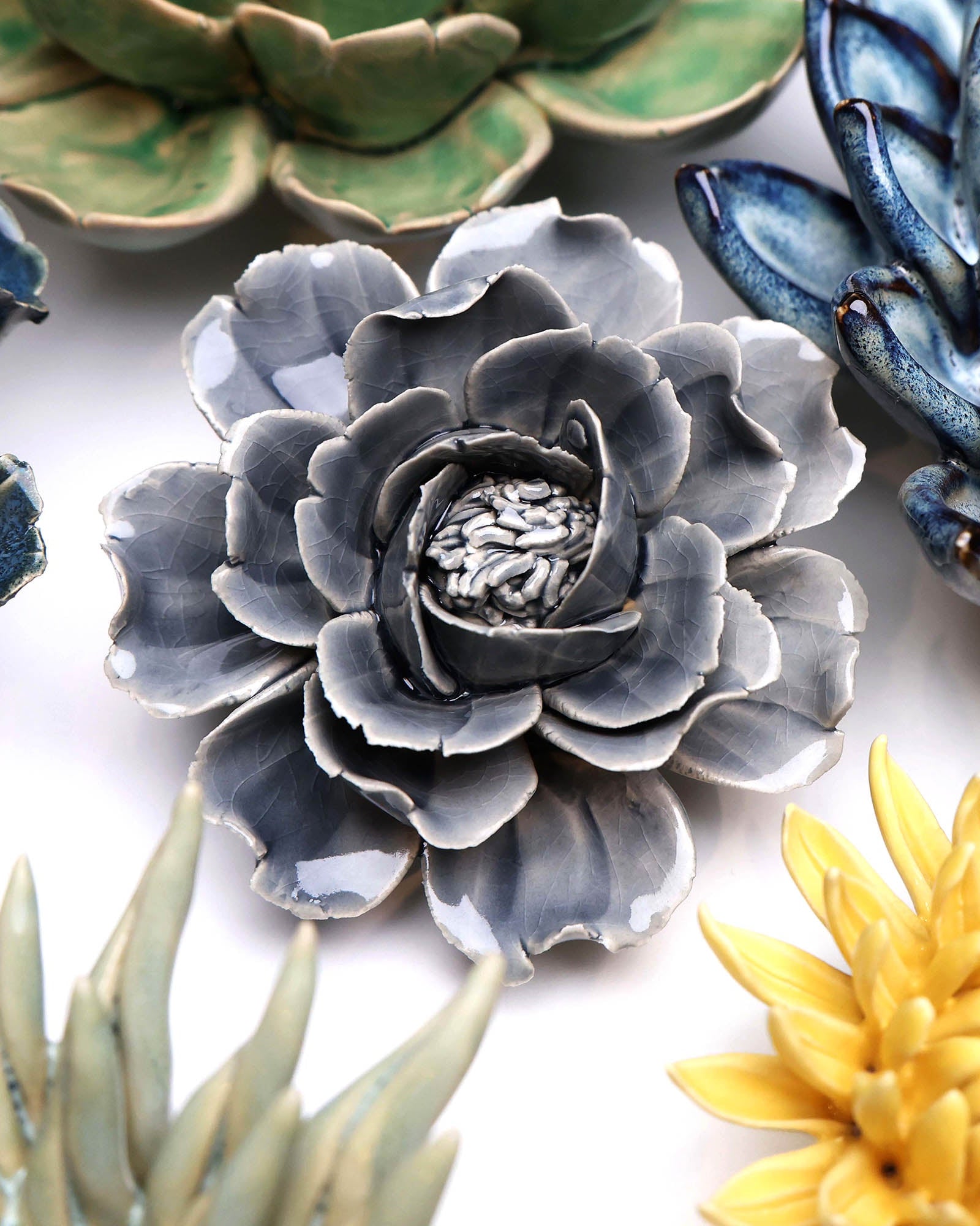 Rose Grey ceramic wall flower styled on wall — Classic Collection — Chive Studio Toronto