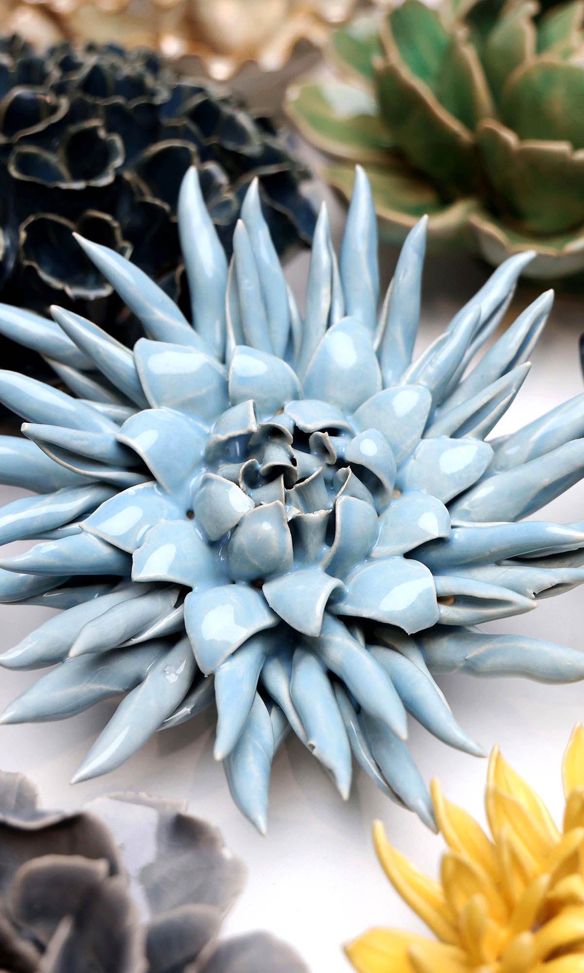 Flower Blue 6 ceramic wall flower styled on wall — Classic Collection — Chive Studio Toronto