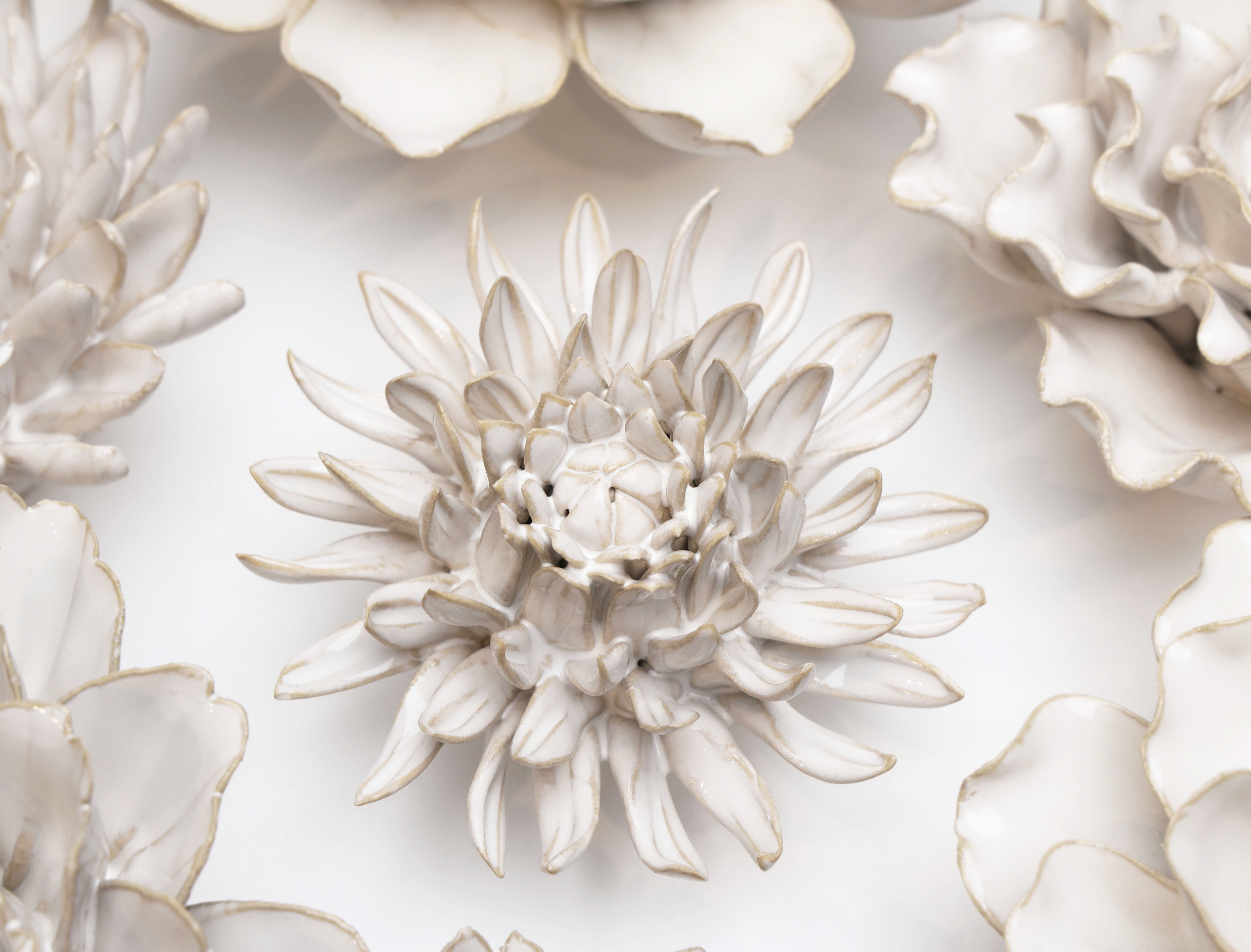 Ivory Spider Mum ceramic wall flower styled on wall — Coastal Collection — Chive Studio Toronto