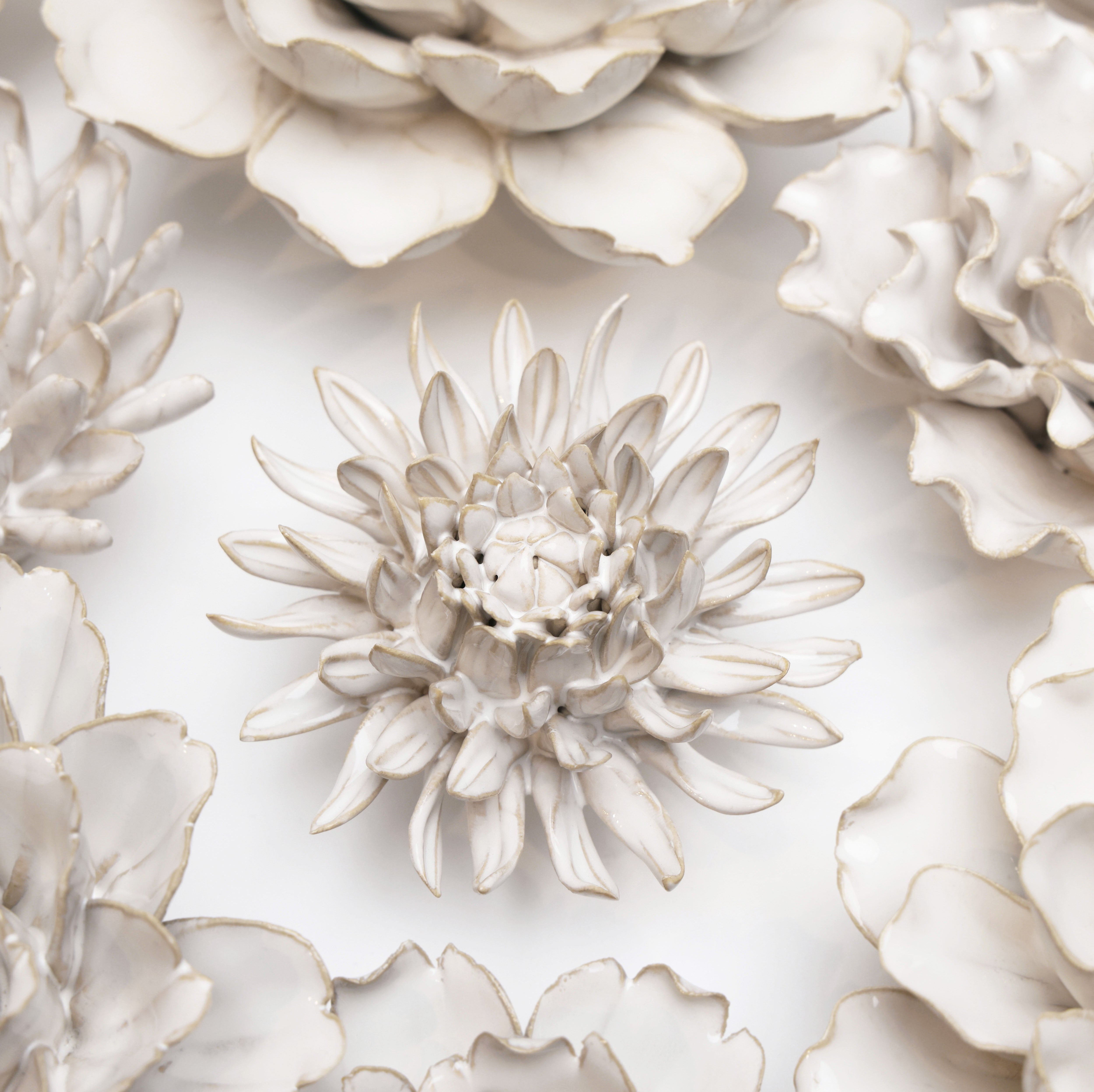 Ivory Spider Mum ceramic wall flower styled on wall — Coastal Collection — Chive Studio Toronto