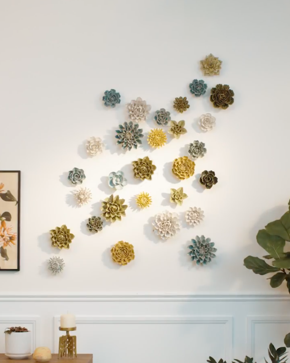 English Garden Collection Ceramic flowers arranged on wall display as home decor art — Chive Studio Toronto
