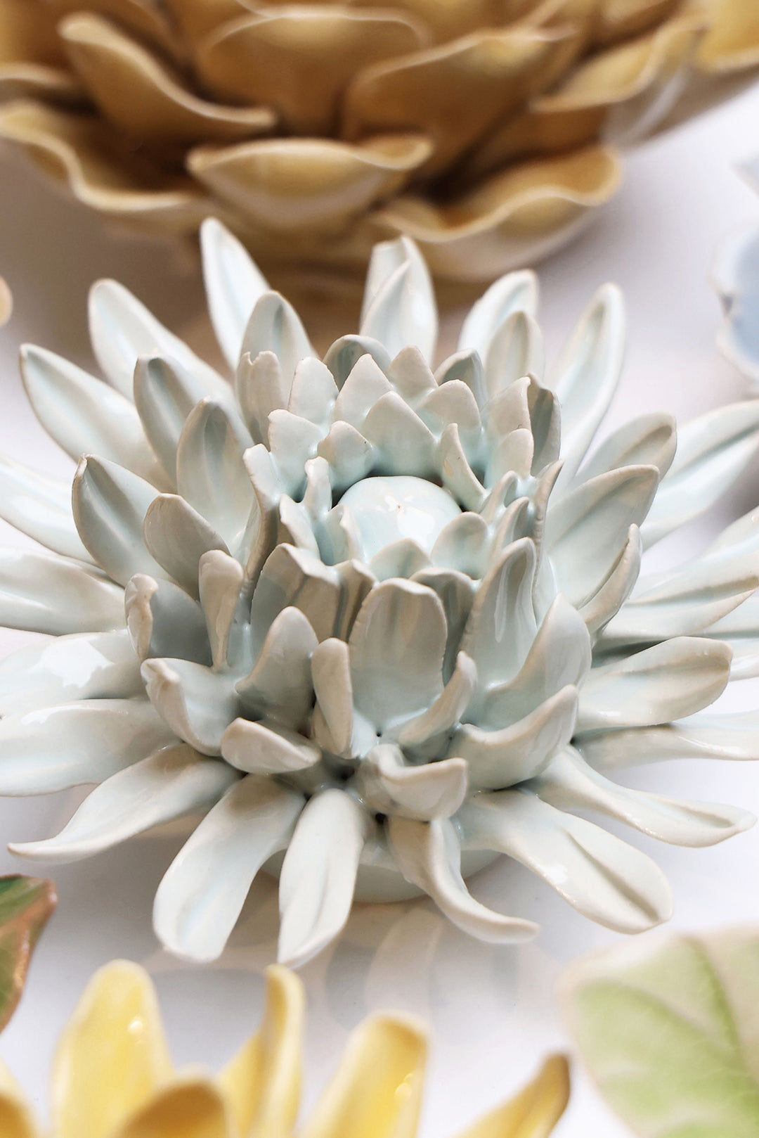 Green Spider Mum ceramic wall flower - English Garden collection - handmade by Chive Studio Toronto