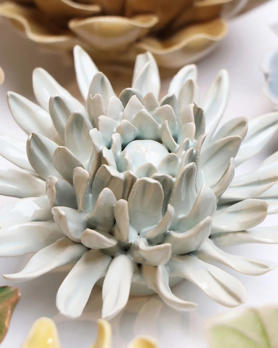 Panache Green Spider Mum ceramic wall flower styled on wall — English Garden — Chive Studio Toronto