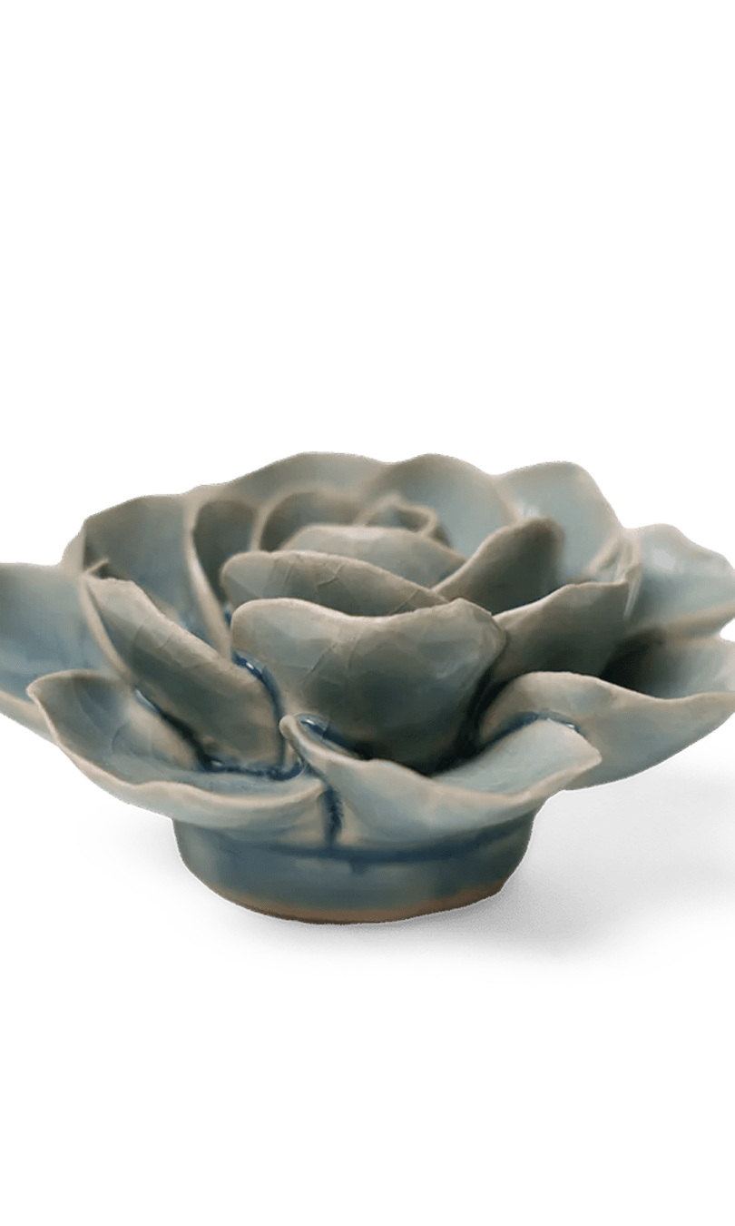 Powder Blue Amandine Ranunculus ceramic wall flower side view — English Garden collection — designed in Toronto by Chive Studio