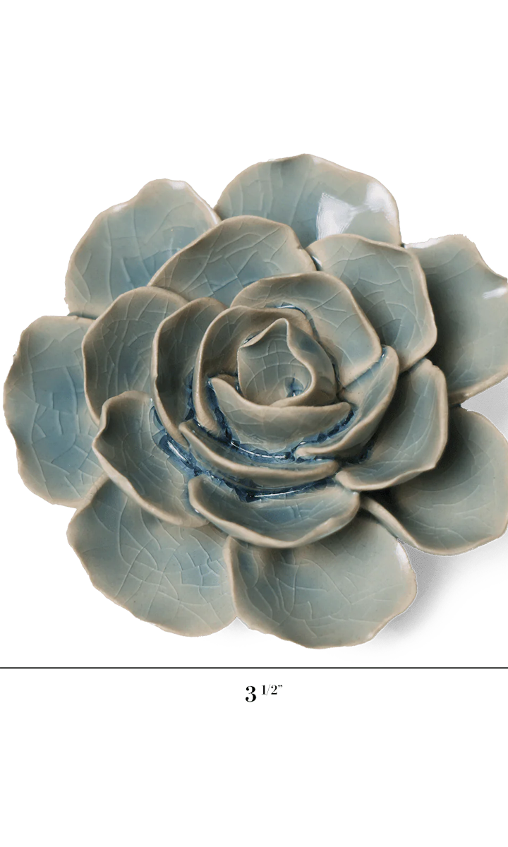 Powder Blue Amandine Ranunculus ceramic wall flower dimensions — English Garden collection — designed in Toronto by Chive Studio