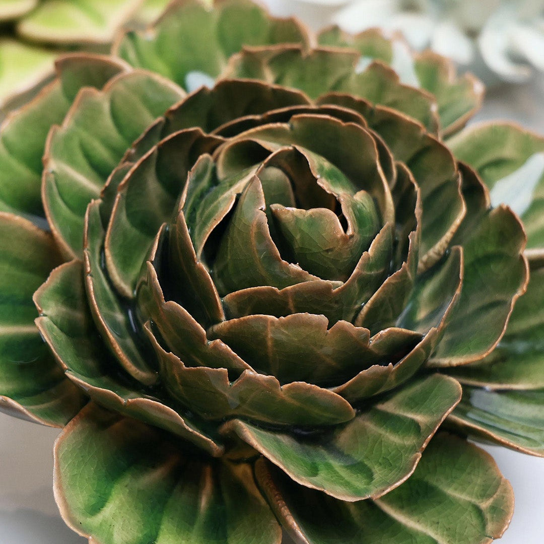 Avocado Green Rozella Peony ceramic wall flower styled on wall — English Garden — Chive Studio Toronto