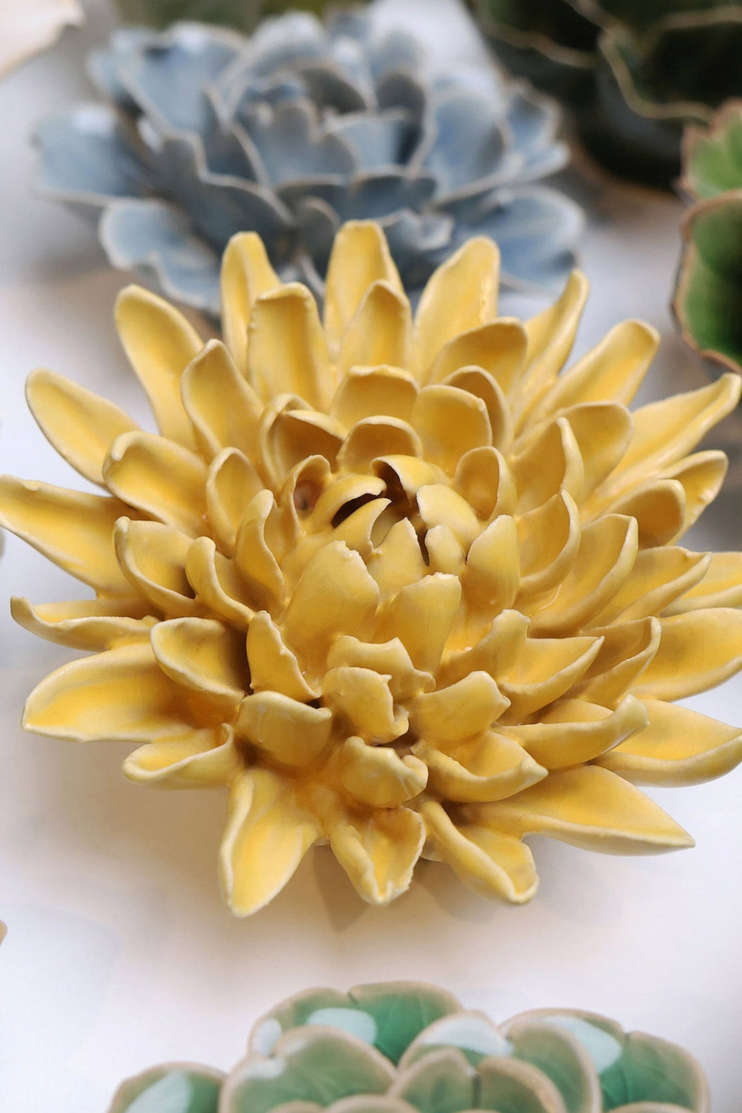 Buttercup Yellow Chrysanthemum ceramic wall flower styled on wall — English Garden — Chive Studio Toronto