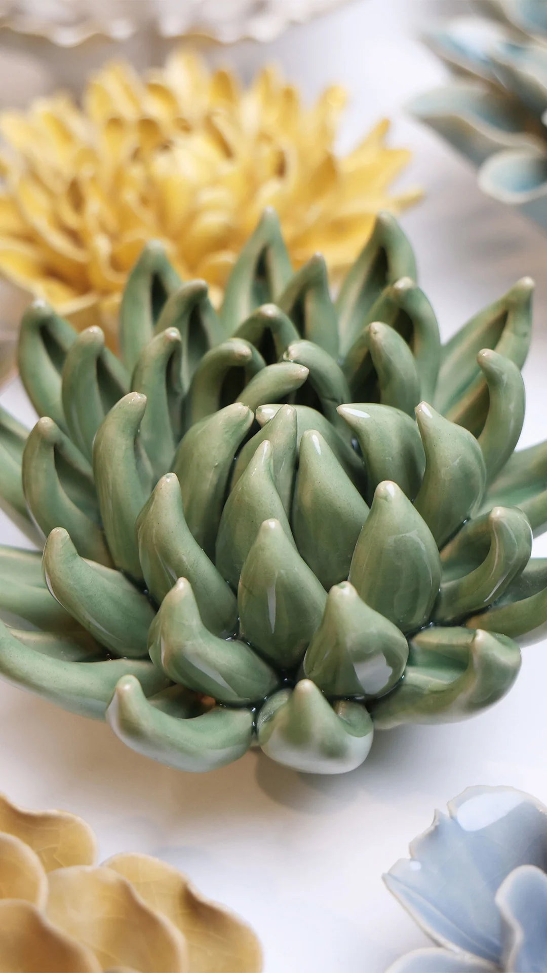 Jade Green Succulent ceramic wall flower styled on wall — English Garden — Chive Studio Toronto