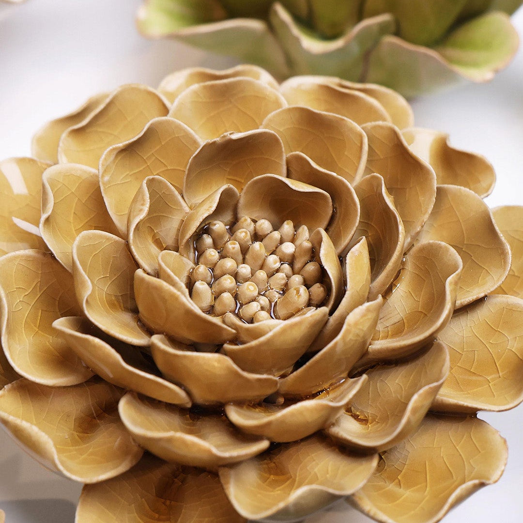 Caramel Charm Peony ceramic wall flower mounted on a wall — Chive Ceramics Studio