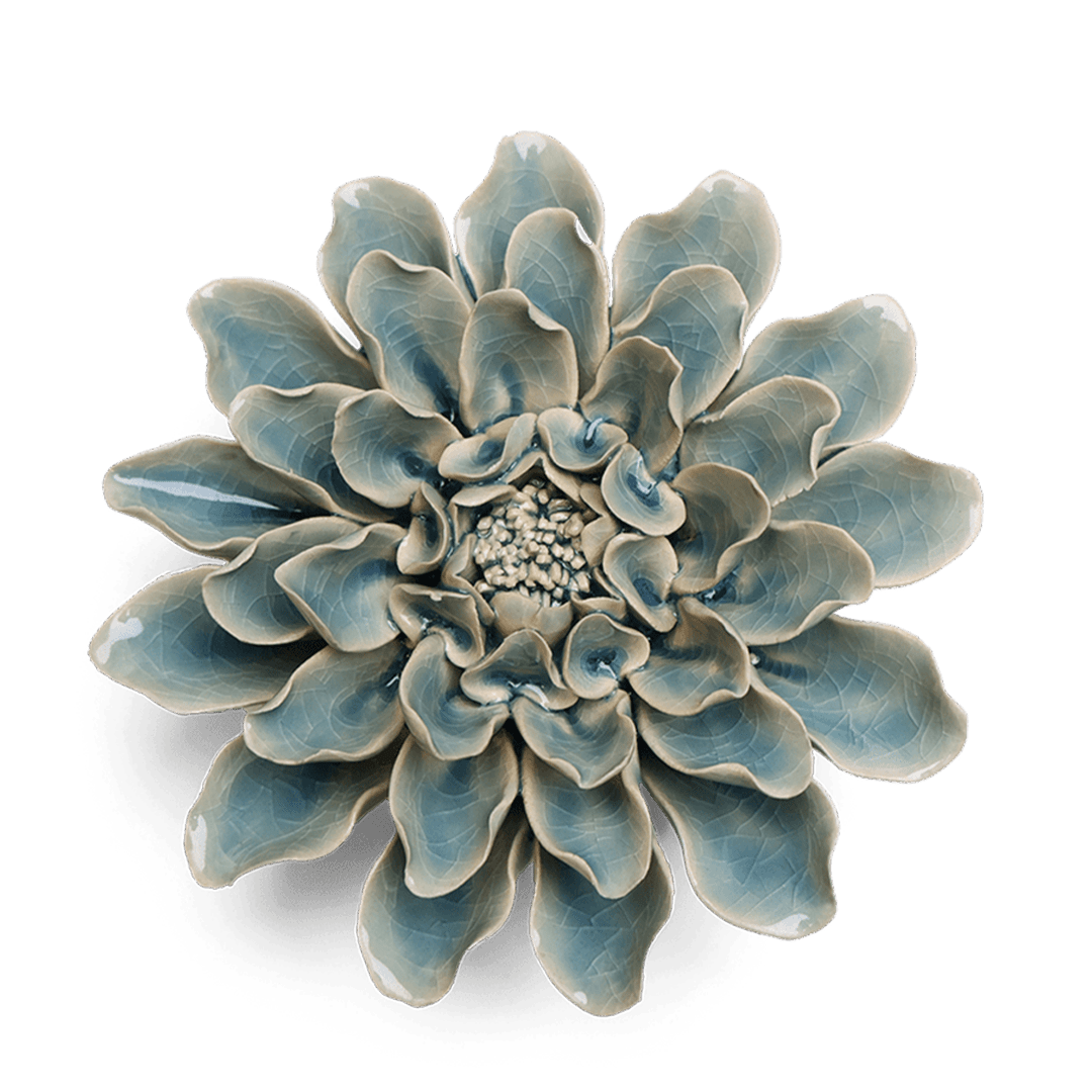 Powder Blue Aphrodite Dahlia ceramic wall flower — English Garden collection — designed in Toronto by Chive Studio