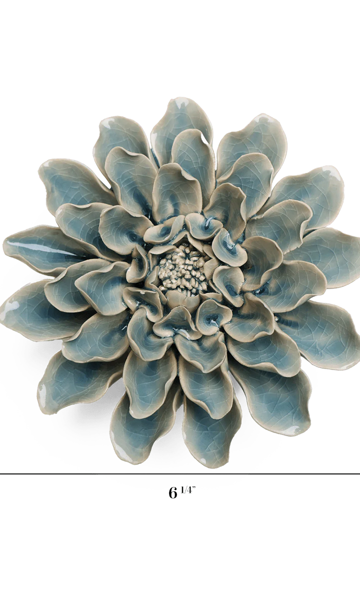 Powder Blue Aphrodite Dahlia ceramic wall flower — English Garden collection — designed in Toronto by Chive St
