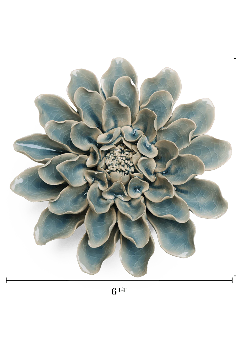 Powder Blue Aphrodite Dahlia ceramic wall flower — English Garden collection — designed in Toronto by Chive St