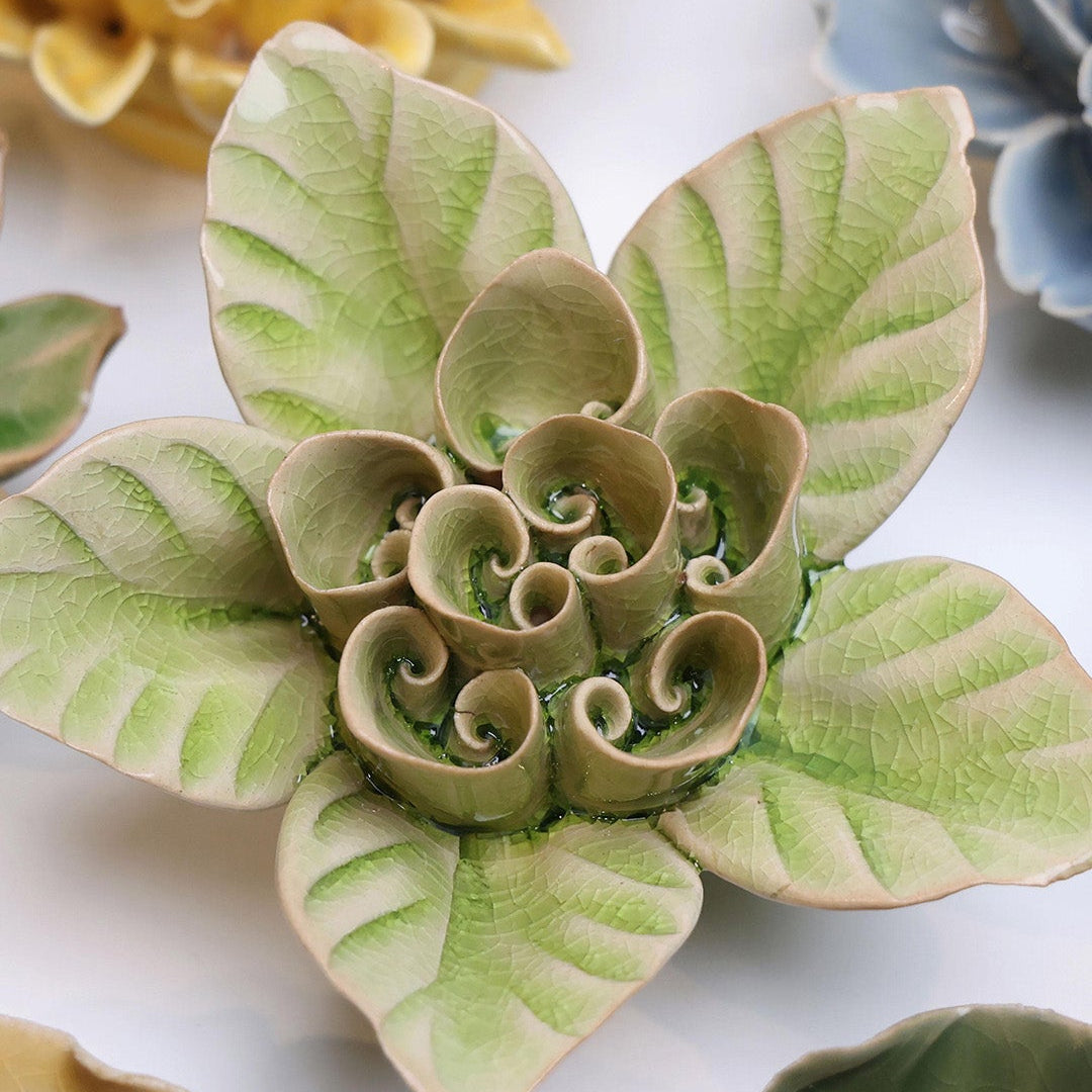 Peridot Green Maiden Lotus ceramic wall flower styled on wall — English Garden — Chive Studio Toronto