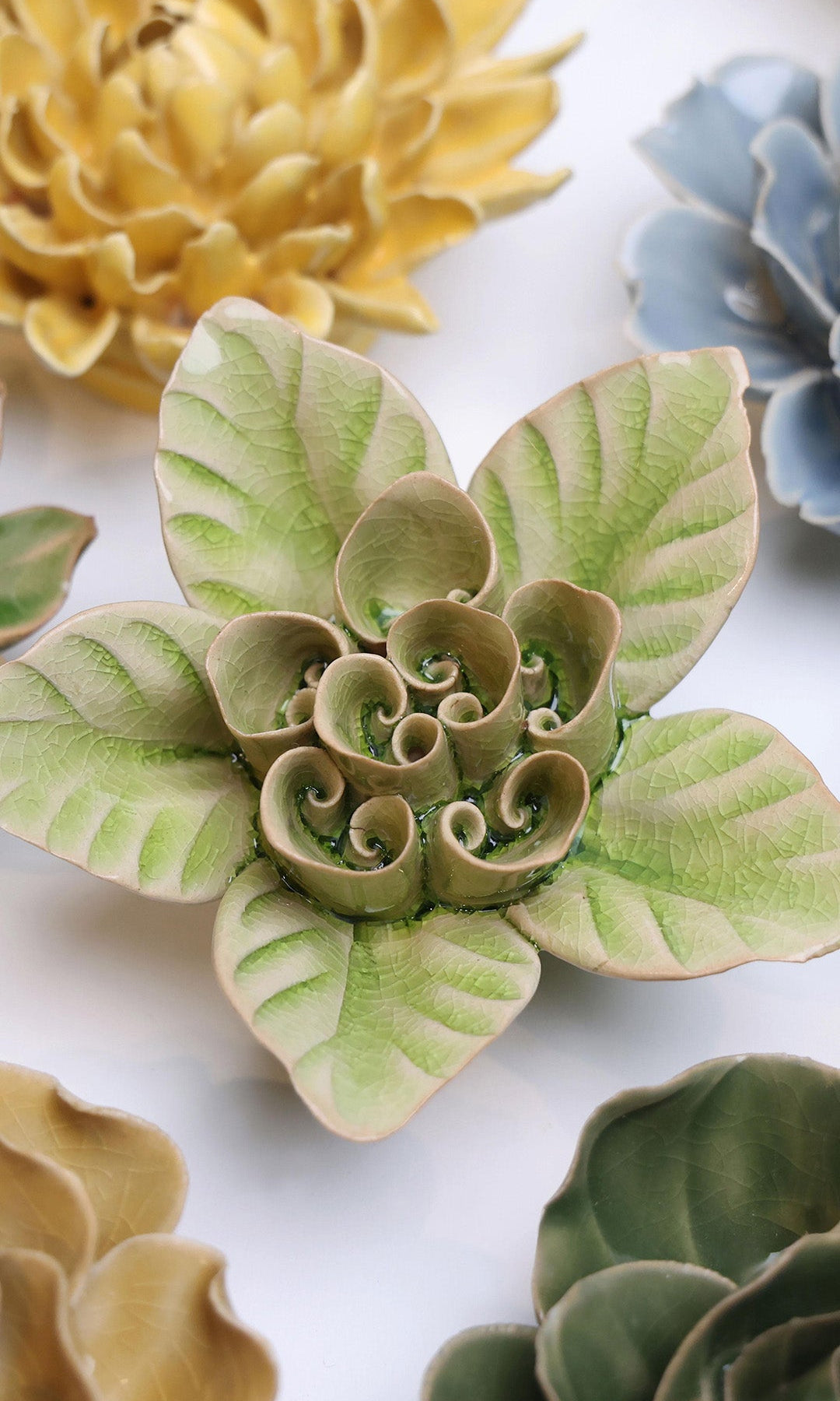 Peridot Green Maiden Lotus ceramic wall flower styled on wall — English Garden — Chive Studio Toronto