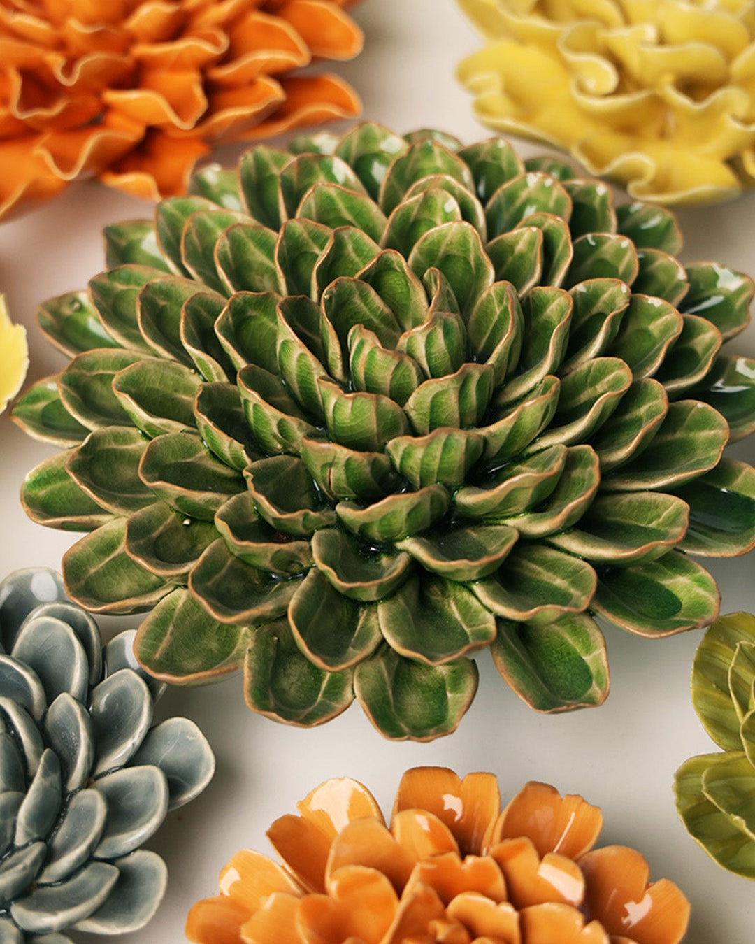 Avocado green Unicorn Zinnia ceramic wall flower — English Garden Collection — handmade by Chive Studio Toronto